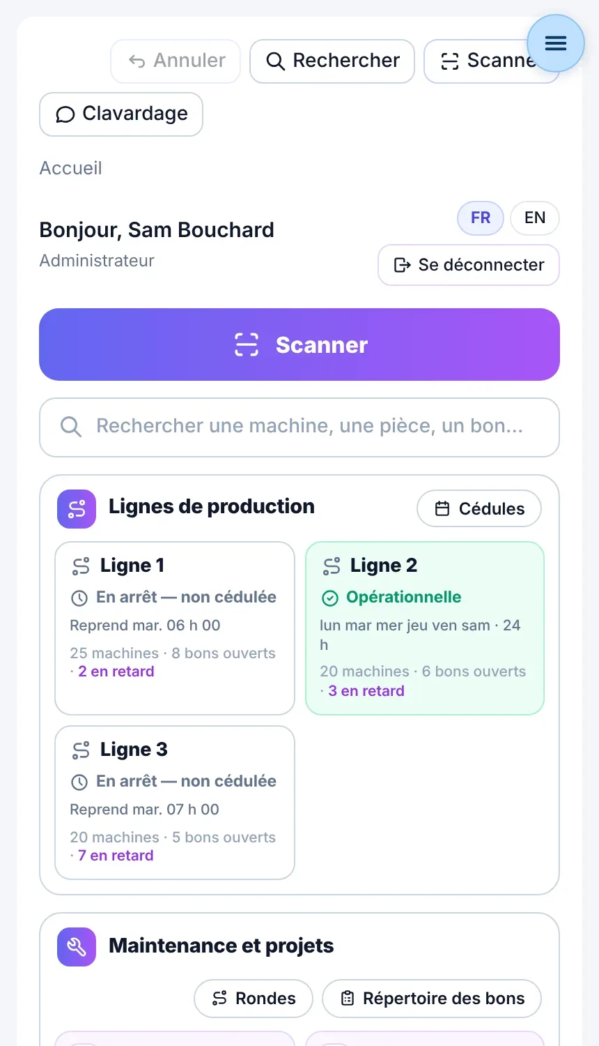Accueil de l'administrateur : lignes de production, bons ouverts et en retard, maintenance et projets