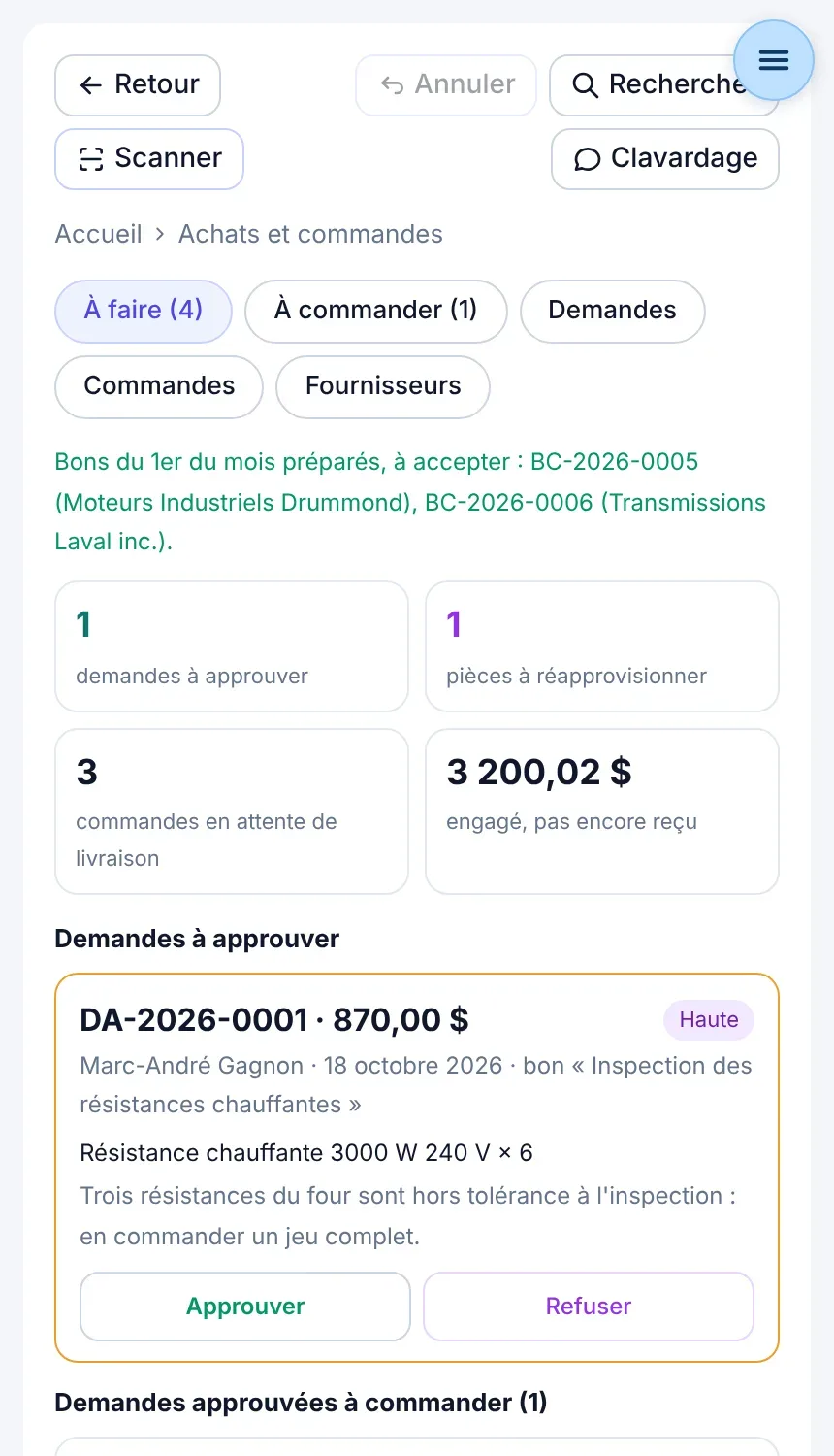 Écran Achats et commandes : demandes à approuver, pièces à réapprovisionner, commandes attendues