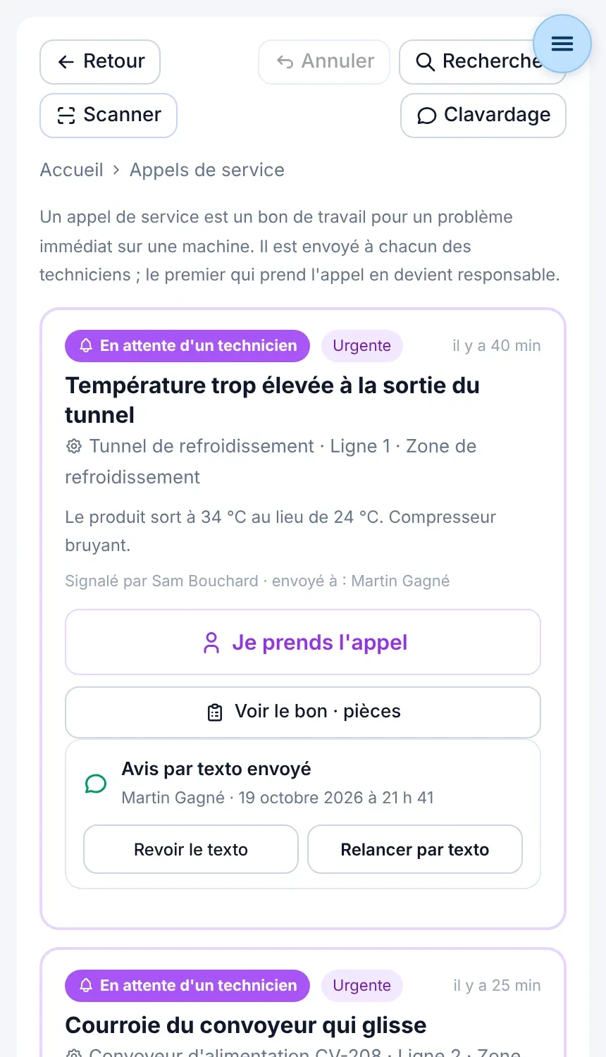 Écran Appels de service : appel urgent en attente d'un technicien, avec le bouton Je prends l'appel