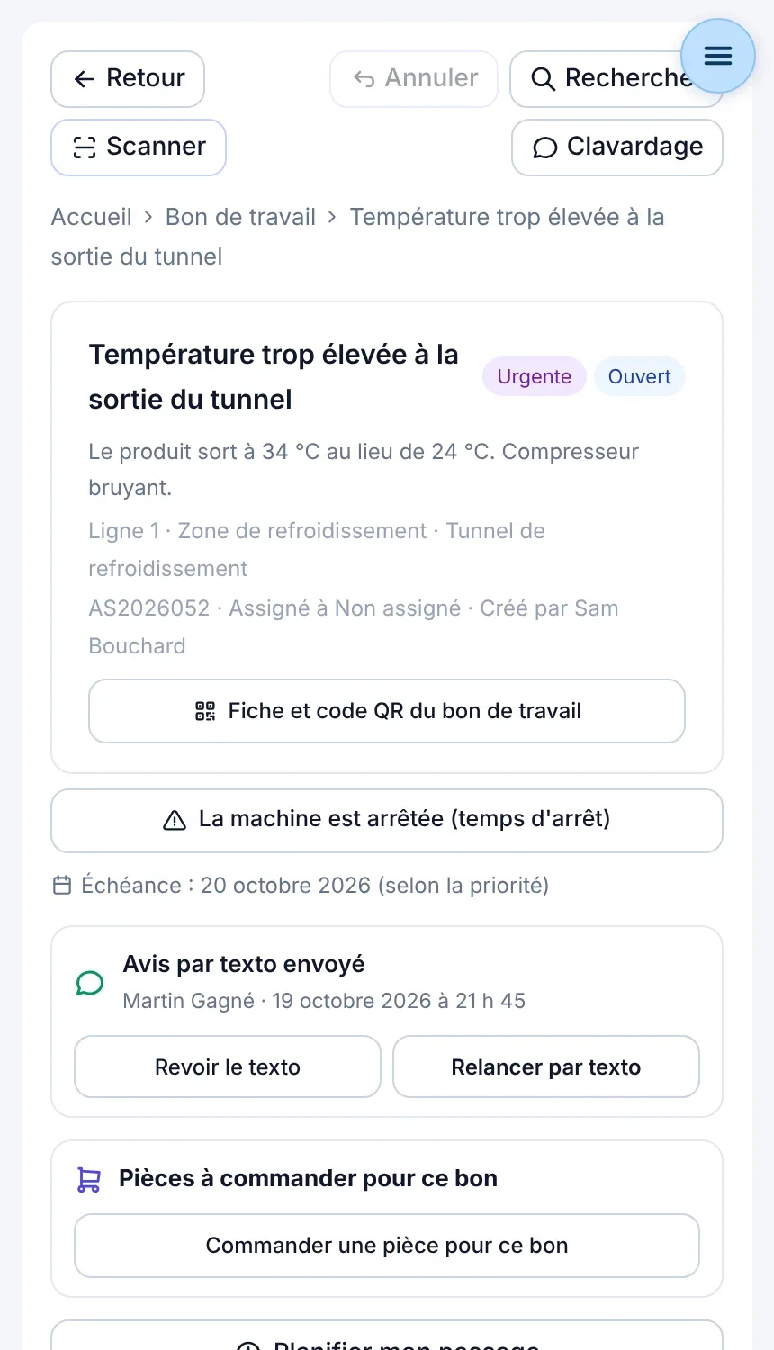 Bon de travail : priorité, échéance, avis au sous-traitant, pièces et coût du bon