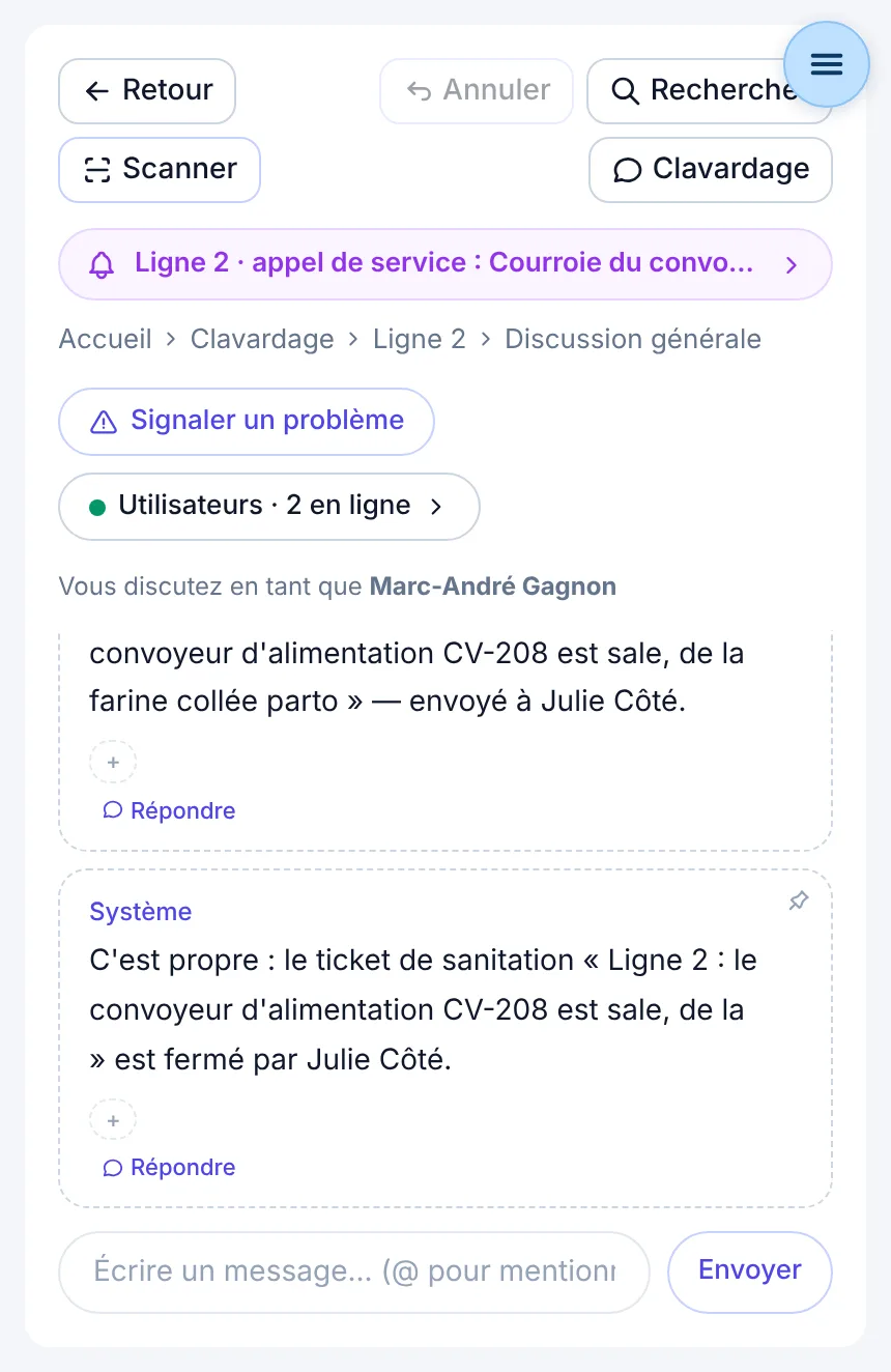 La conversation confirme : c'est propre, le ticket de sanitation est fermé