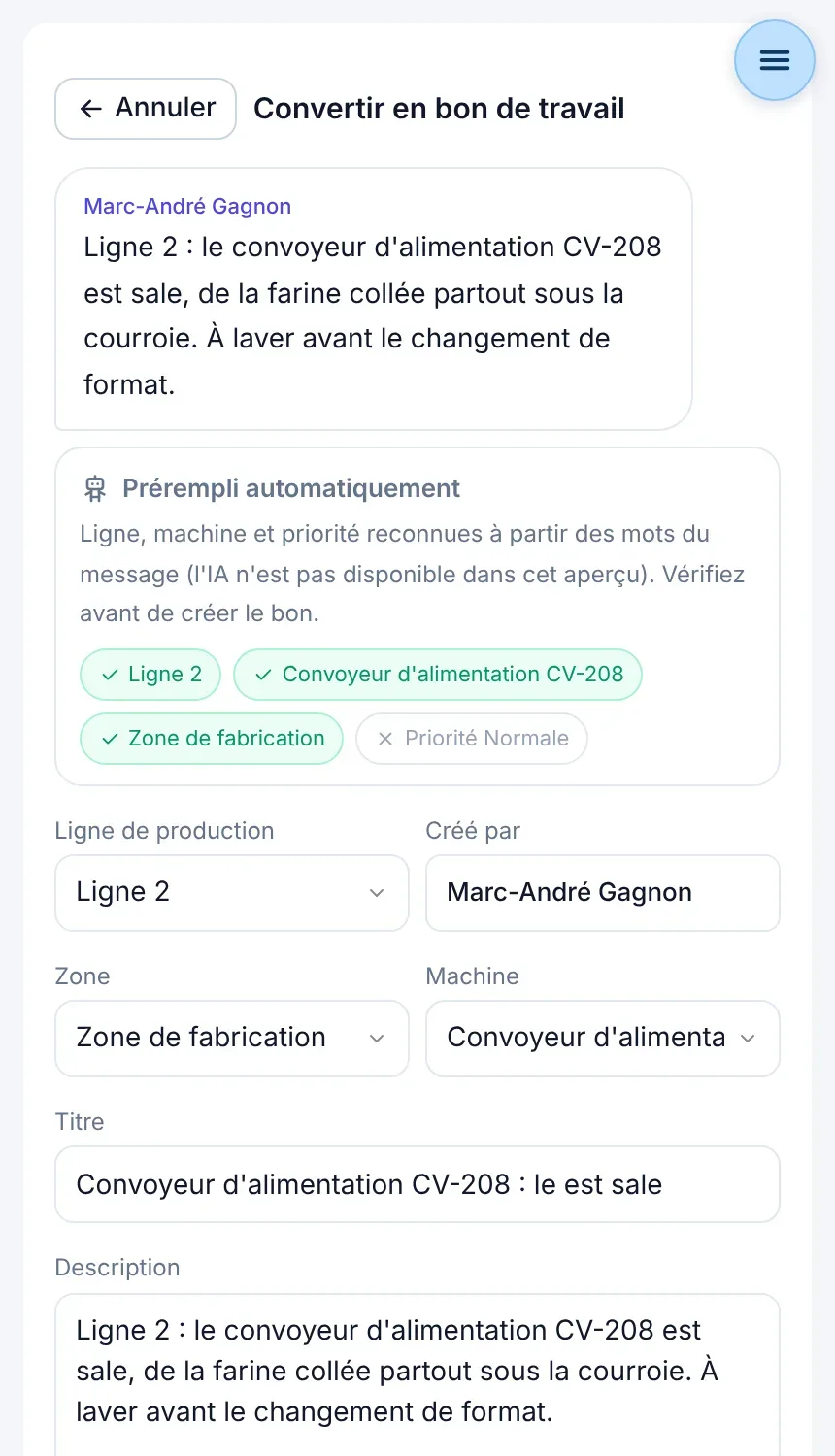 Écran Convertir en bon de travail : ligne 2, convoyeur d'alimentation et zone reconnus automatiquement