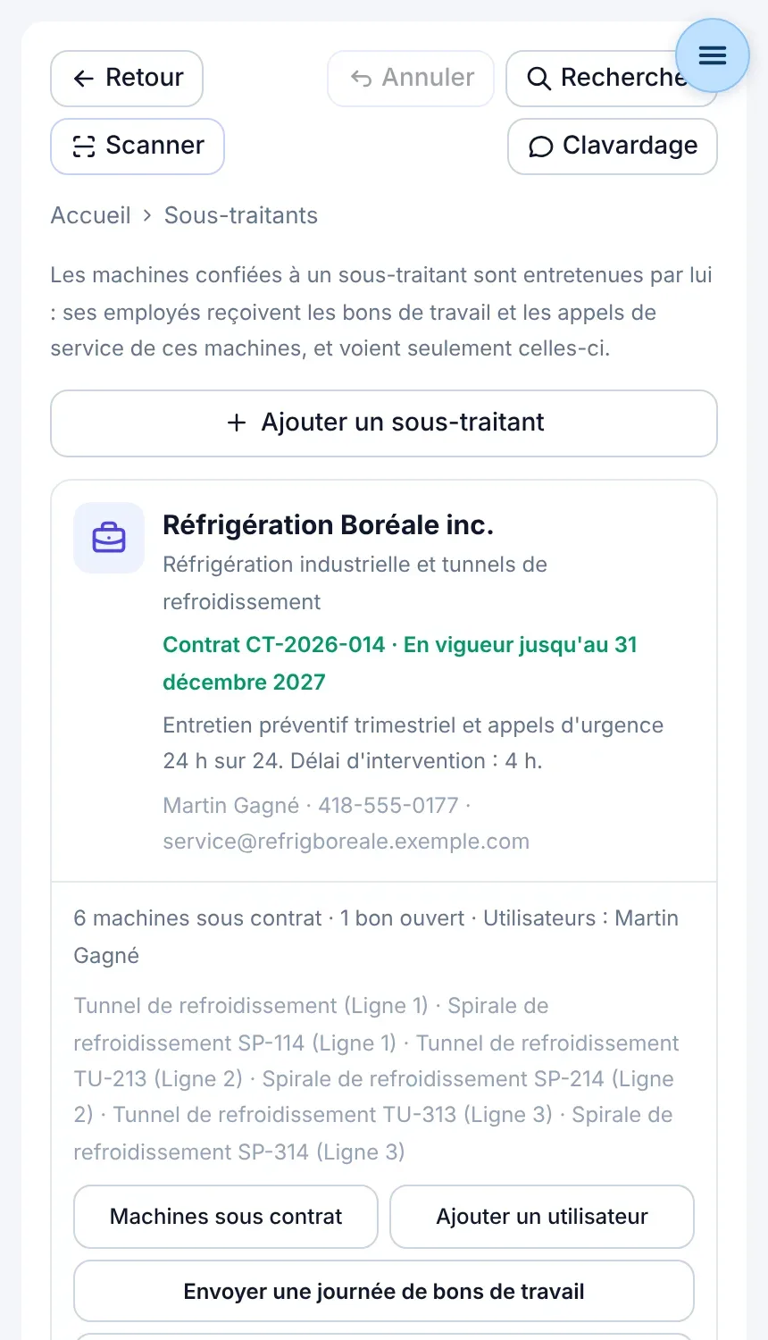 Écran Sous-traitants : contrat, délai d'intervention et machines sous contrat