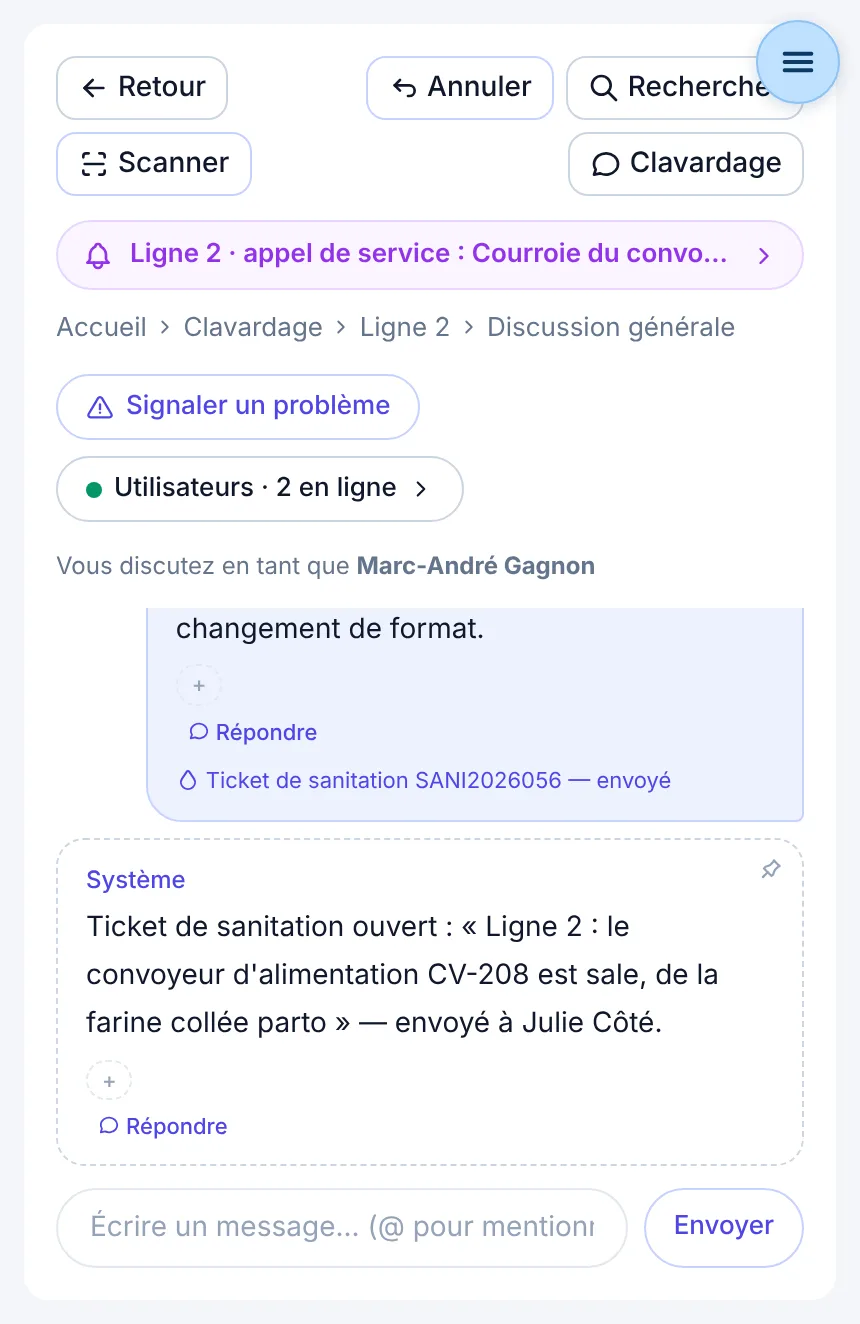 Le ticket de sanitation SANI envoyé, annoncé dans la conversation